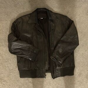 Oversized brown leather jacket